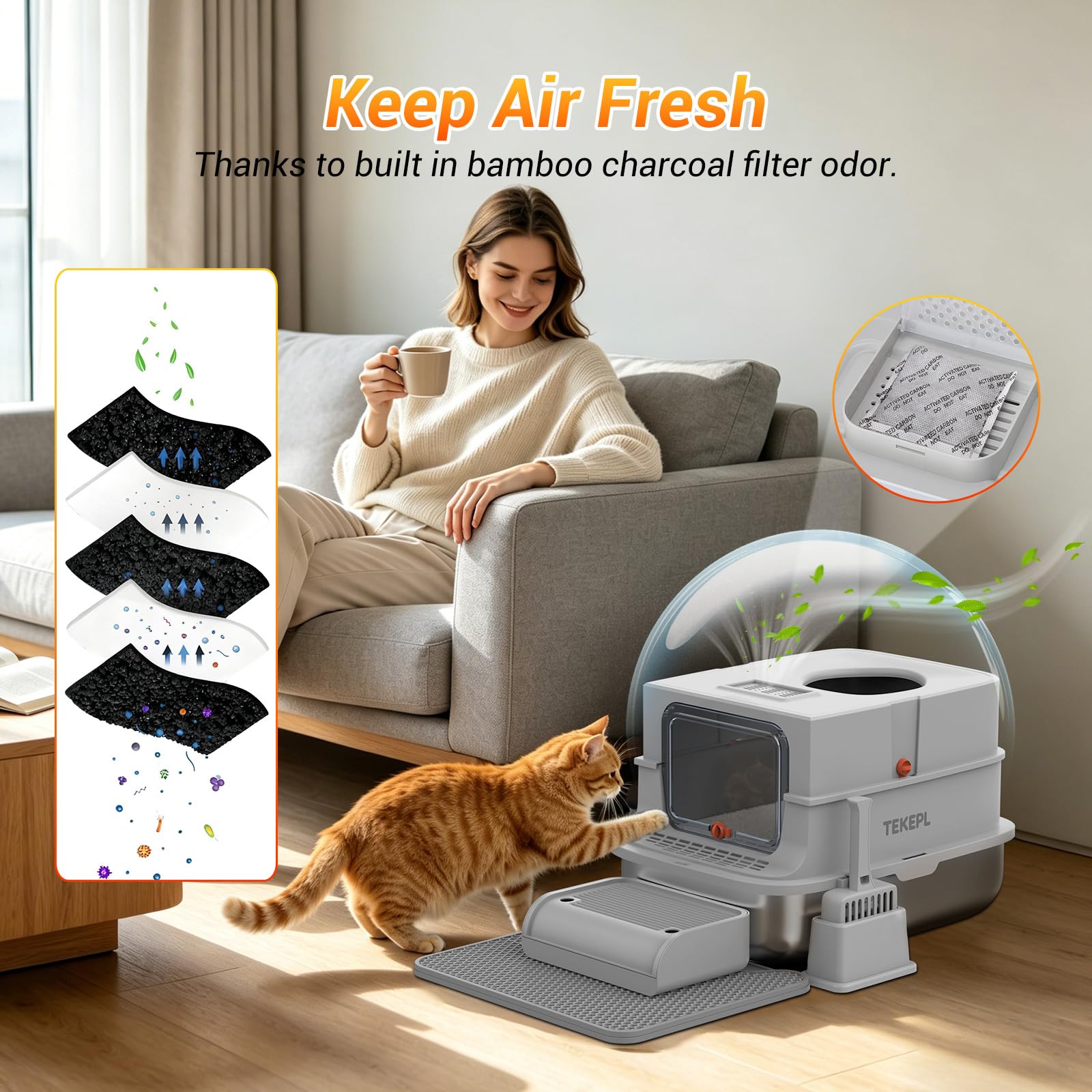 TEKEPL enclosed mode provides a contained space that minimizes litter scatter.