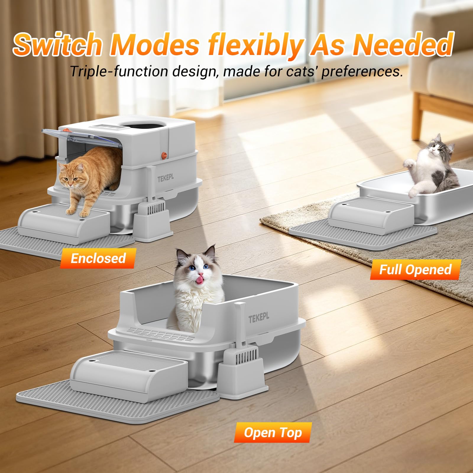 TEKEPL dual-access design includes front entry for easy cleaning.