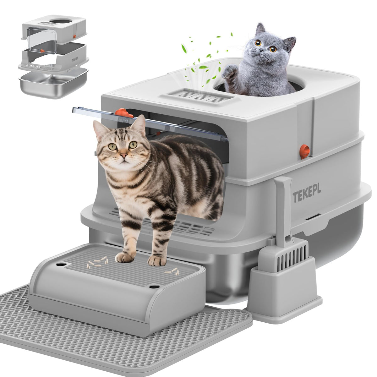 TEKEPL stainless steel cat litter box with lid and top-entry design reduces mess.