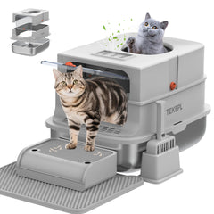 TEKEPL stainless steel cat litter box with lid and top-entry design reduces mess.