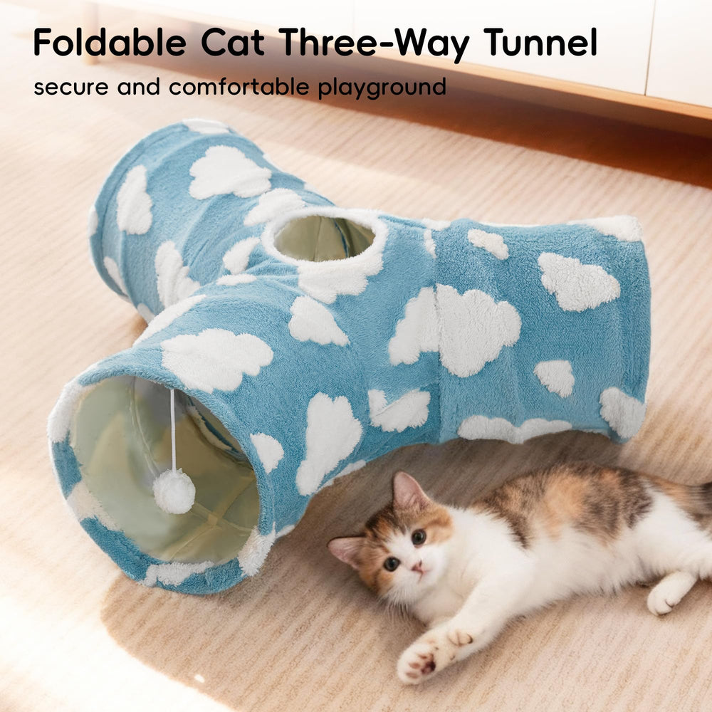 Tempcore cat tunnel exits feature a dangling ball for engaging play.