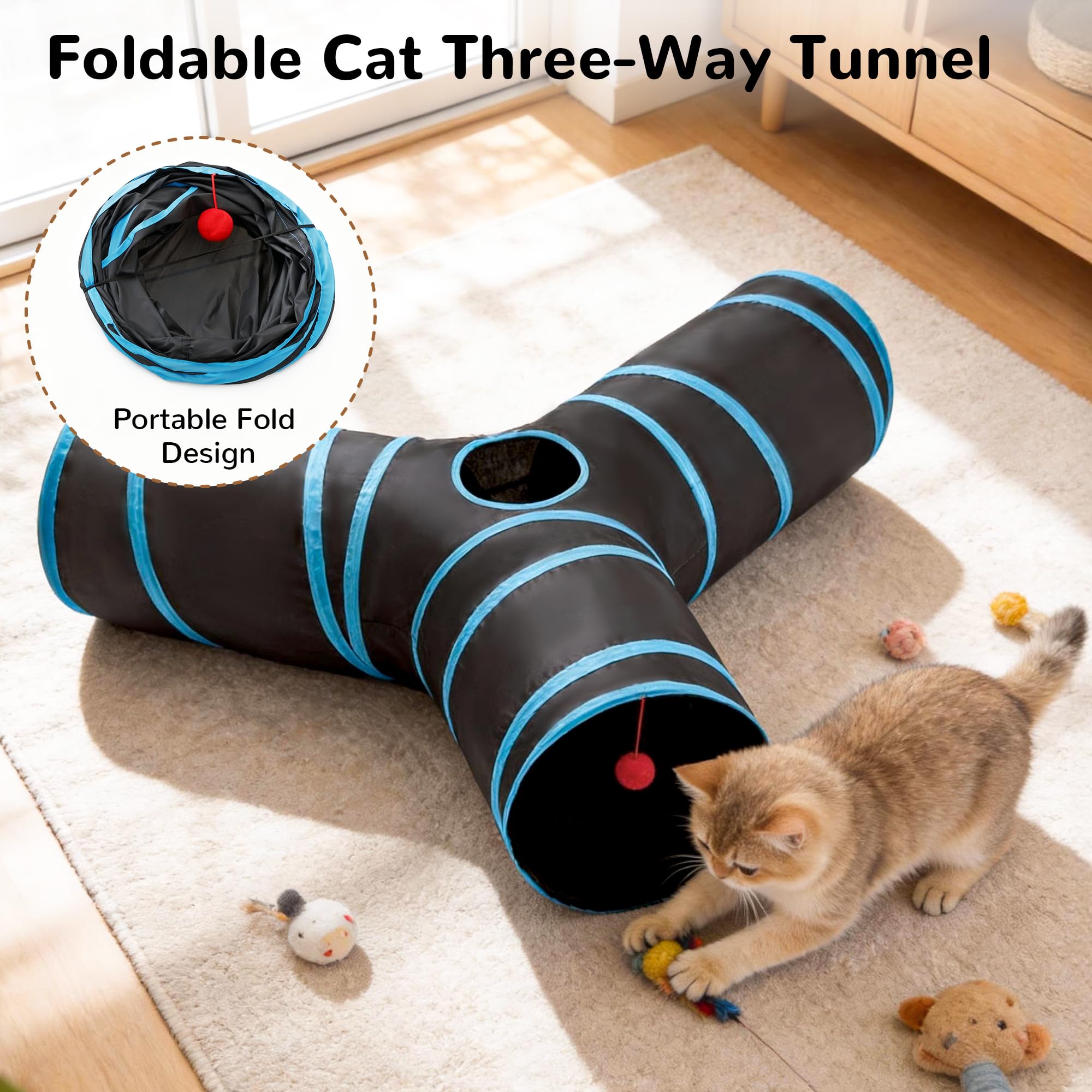 Tempcore cat tunnel with protective ends for safe indoor use.