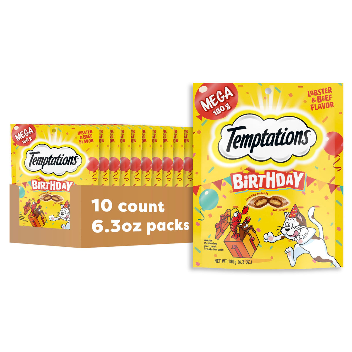 Temptations Birthday Cat Treats pouch label on stay-fresh tub for daily rewards.