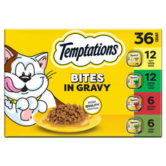 Temptations Bites in Gravy Chicken Entree: bite-sized chicken chunks in gravy for easy feeding and hydration.