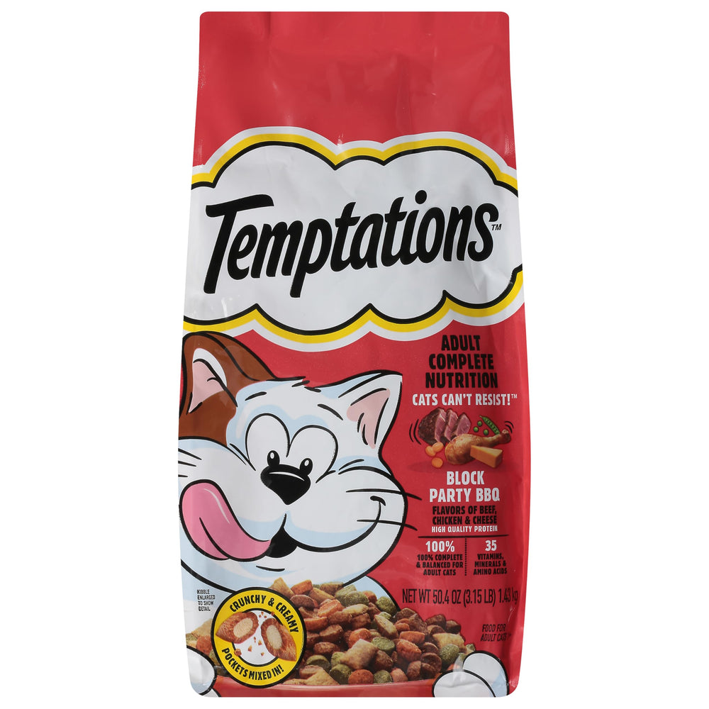 Temptations Block Party BBQ cat food bag—savory bites for adult cats' daily nutrition.
