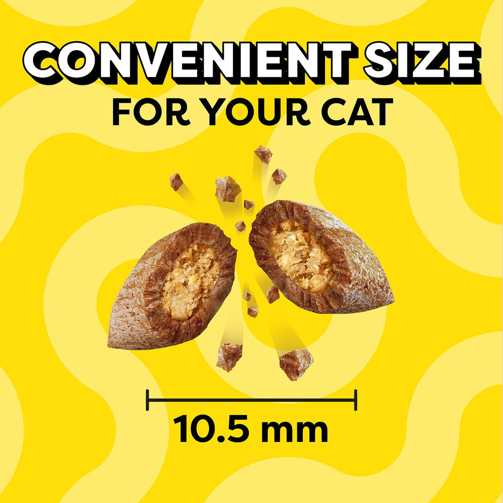 Temptations crunchy-soft cat treats serve as snacks, meals, or toppers for meals.