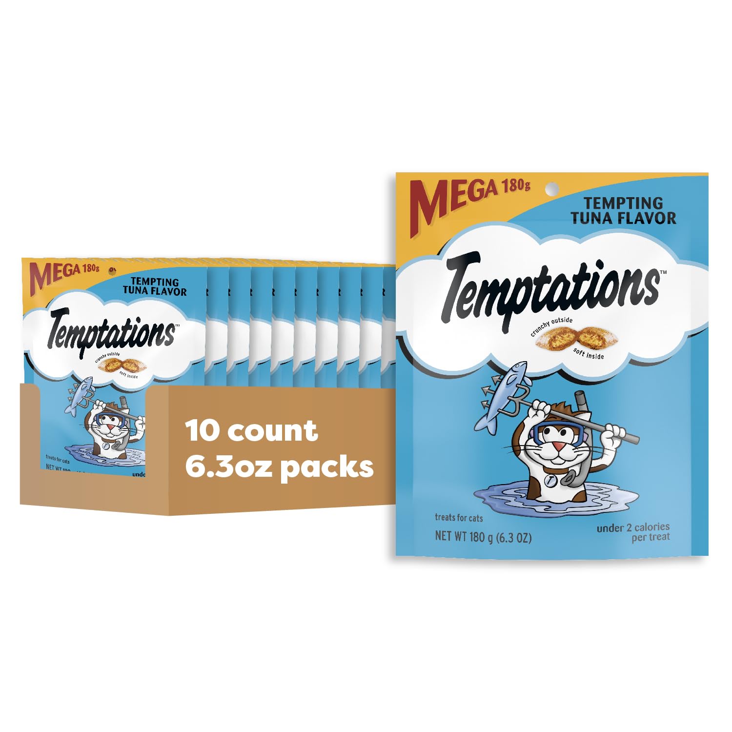 Temptations cat treats with crunchy outside and soft inside, tuna flavor for indoor cats.