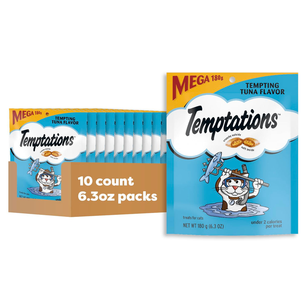 Temptations cat treats with crunchy outside and soft inside, tuna flavor for indoor cats.