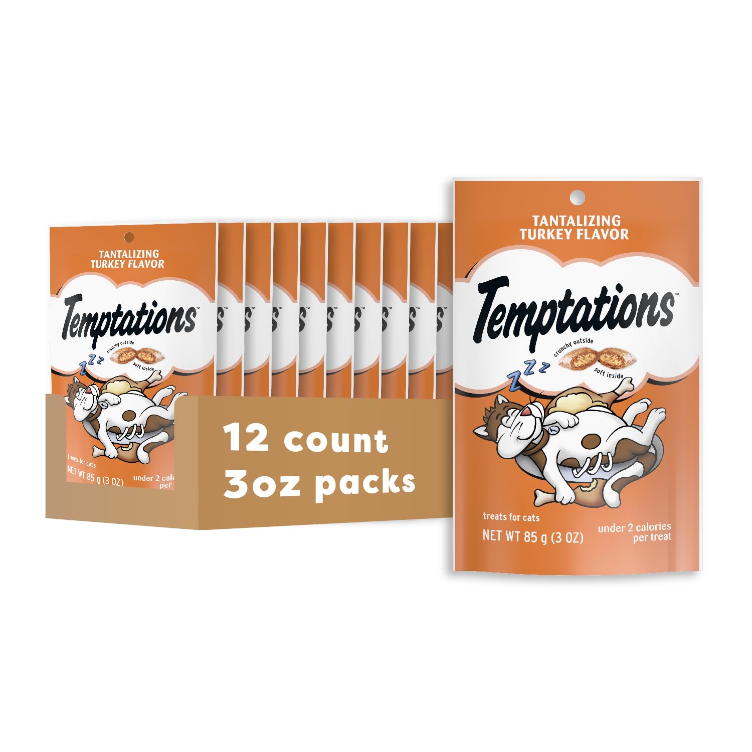 Temptations cat treats with crunchy outside and soft inside, turkey flavor, ideal training reward.
