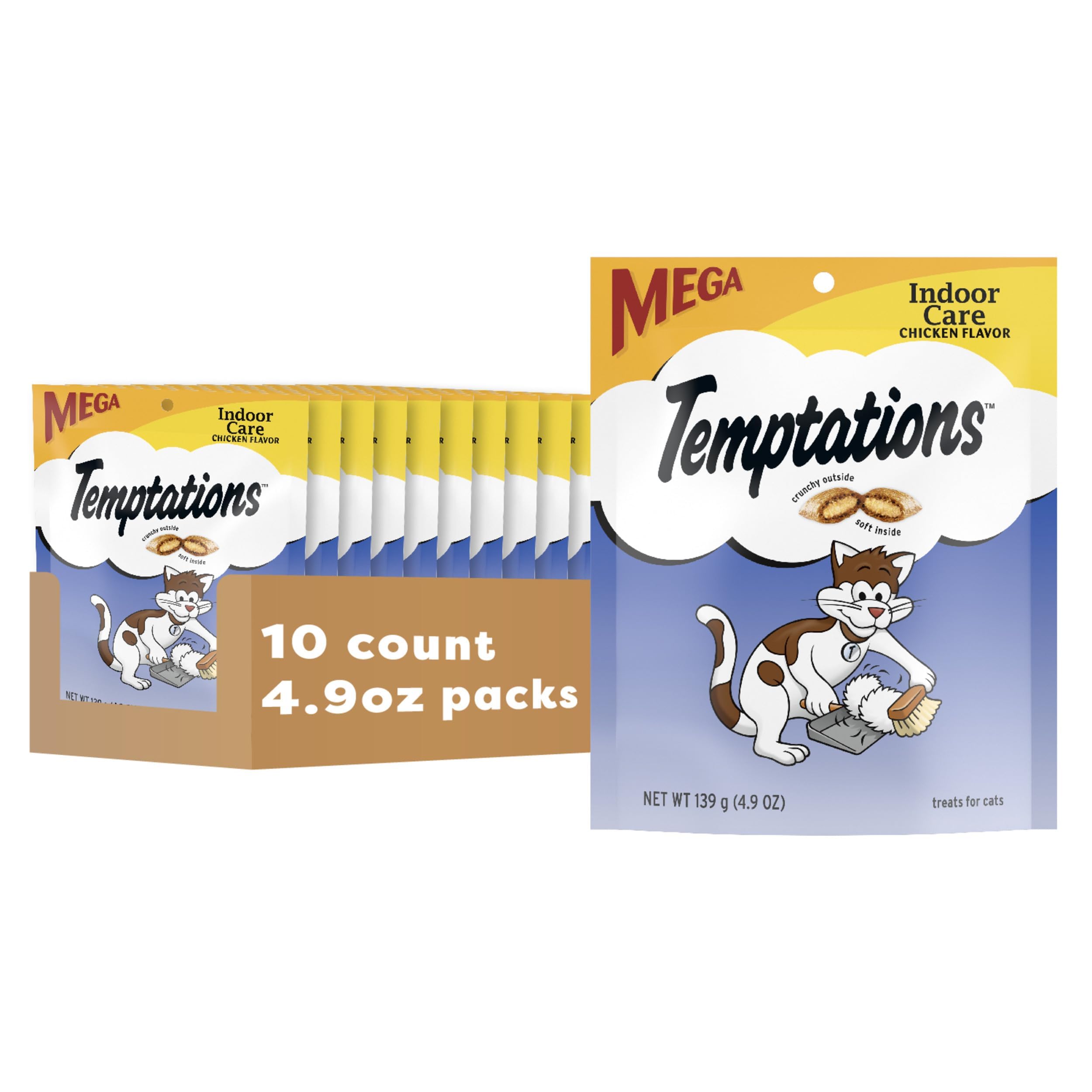 Temptations cat treats indoor care with crunchy outside and soft inside to entice cats.
