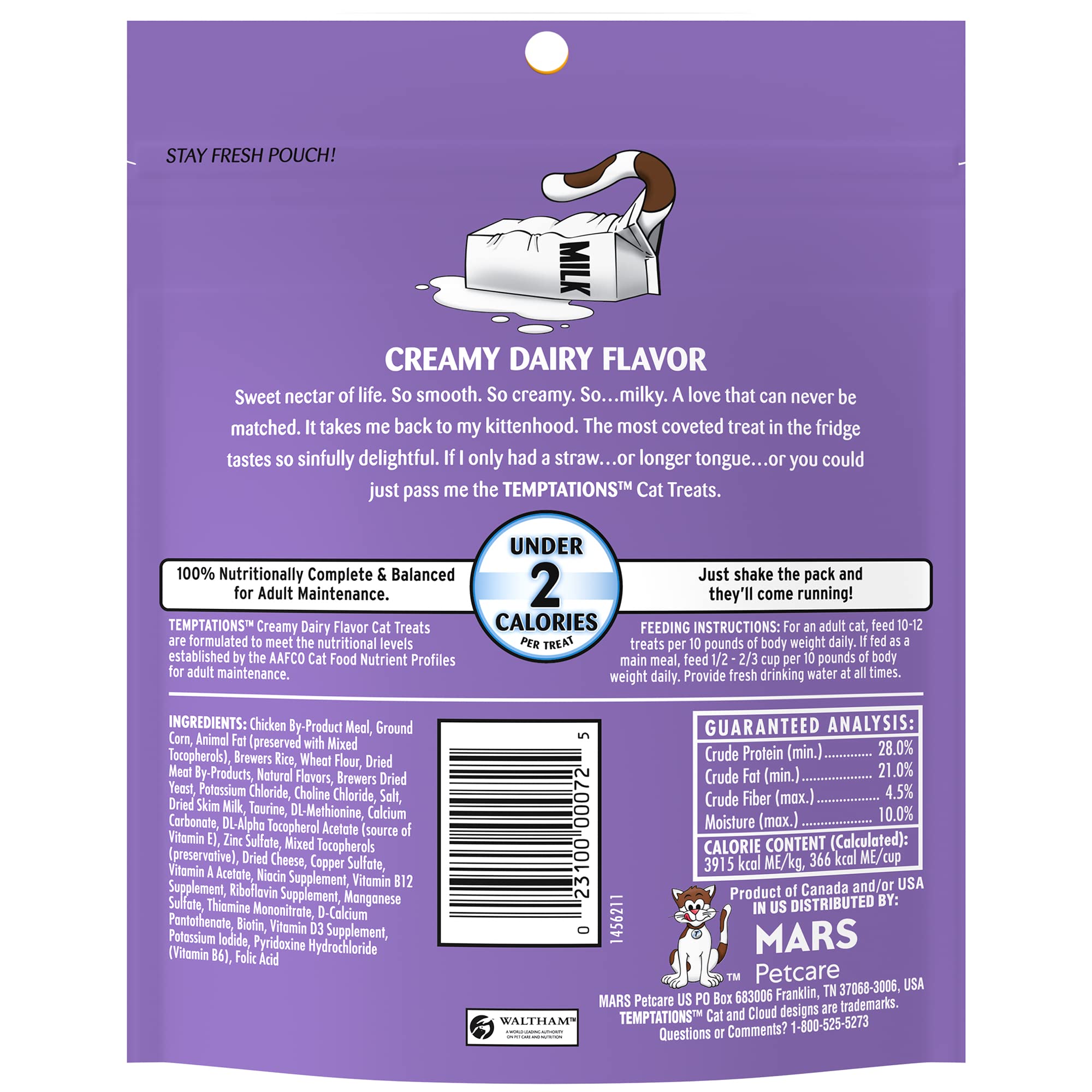 Temptations cat treats under 2 calories per piece for daily rewards.