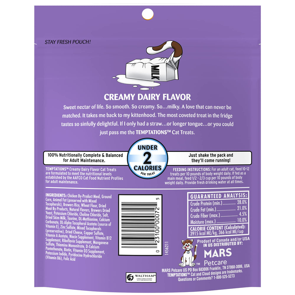 Temptations cat treats under 2 calories per piece for daily rewards.