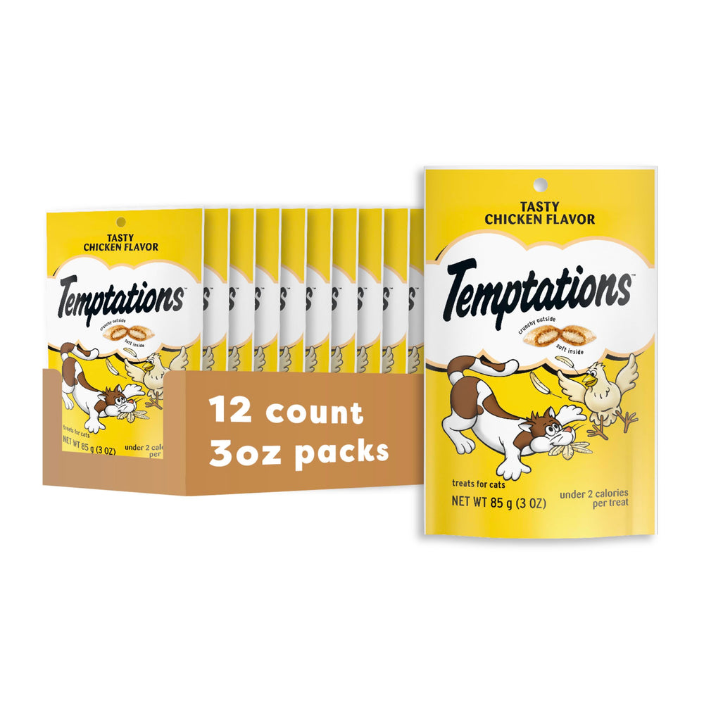 Temptations Classic Crunchy and Soft Chicken Cat Treats in a 3oz pouch, pack of 12.