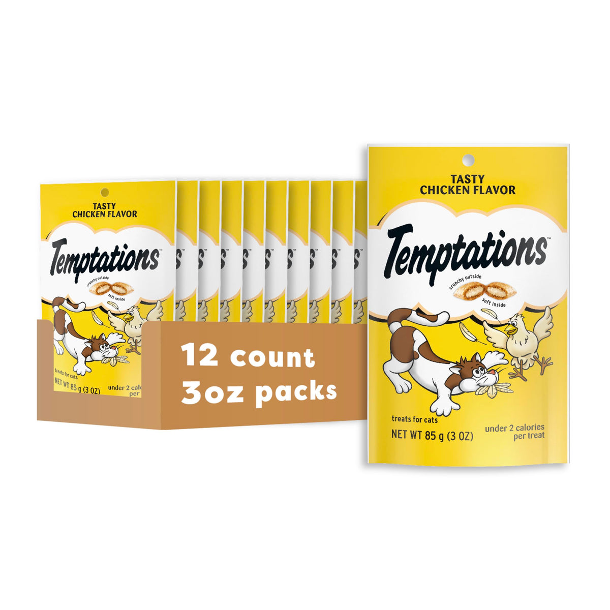 Temptations Classic Crunchy and Soft Chicken Cat Treats in a 3oz pouch, pack of 12.