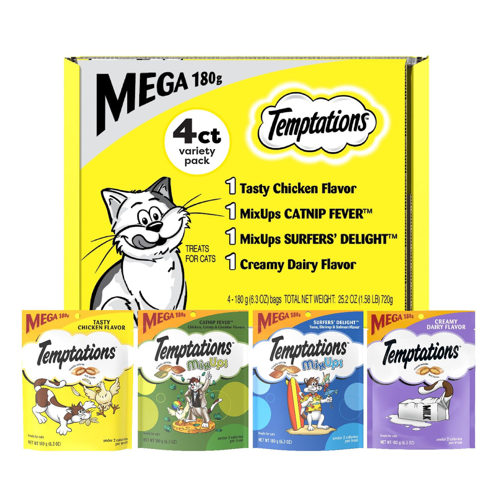Temptations Classic Crunchy and Soft Cat Treats Variety Pack main packaging, ideal for daily rewards.