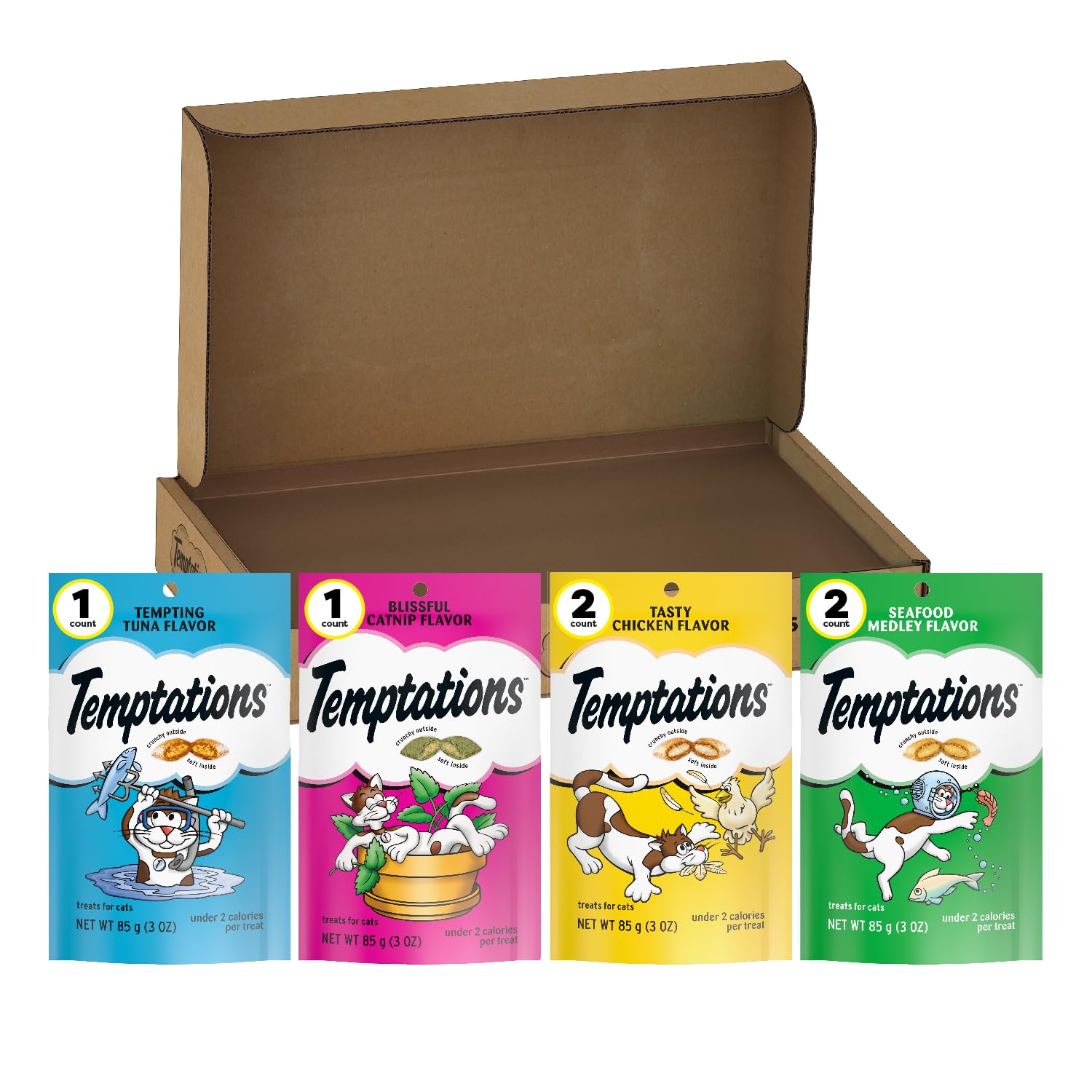 Temptations classic crunchy-soft variety pack open packaging inviting dual-texture treats for cats.