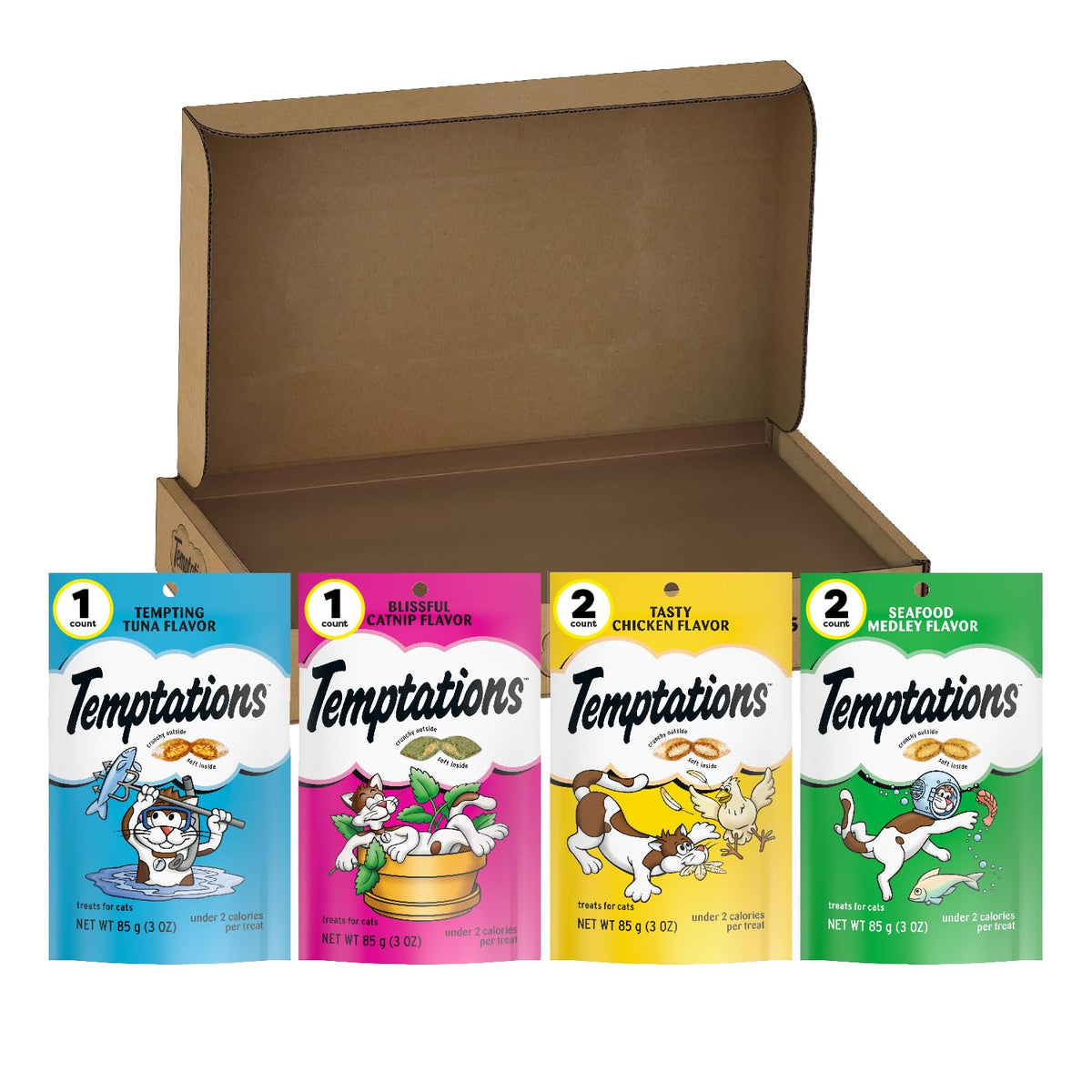 Temptations classic crunchy-soft variety pack open packaging inviting dual-texture treats for cats.