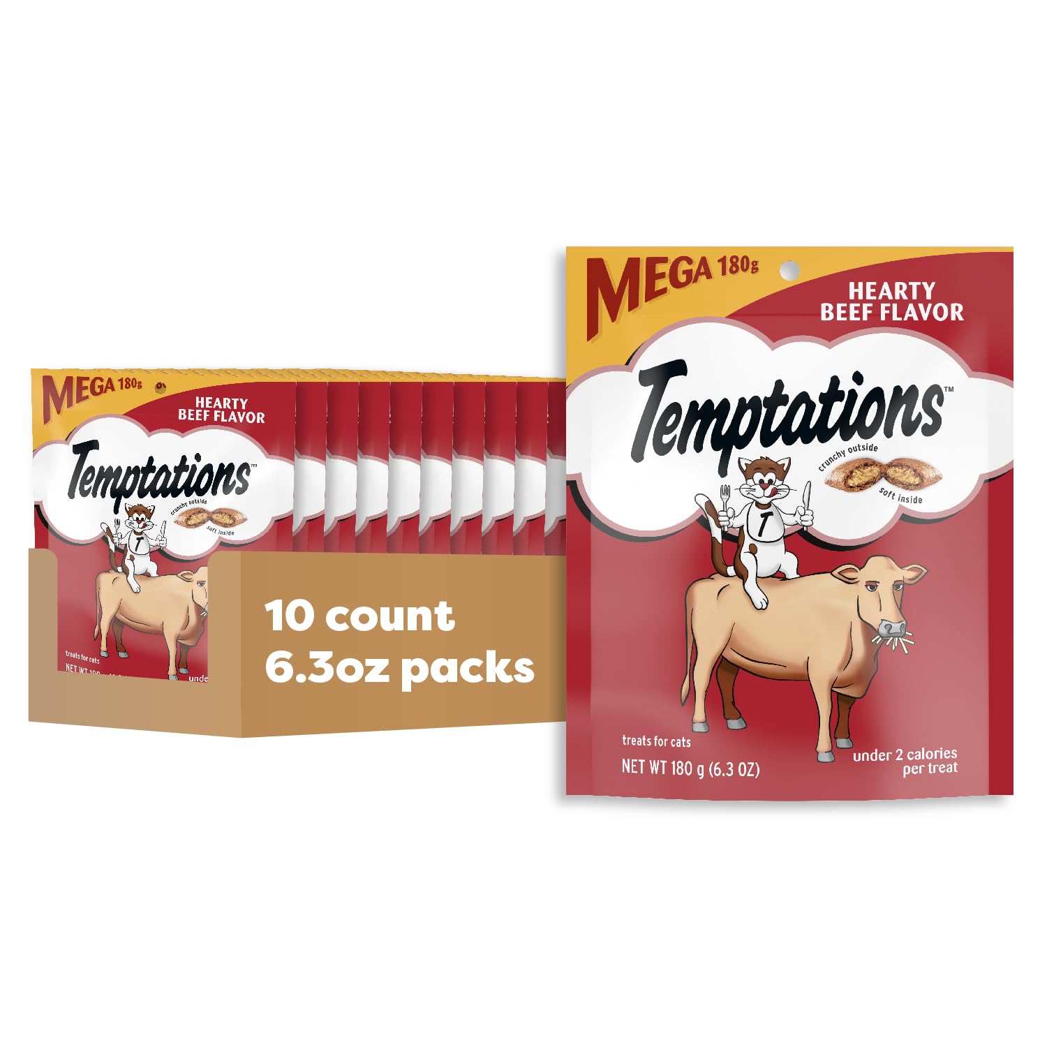 Temptations Classic Soft Cat Treats beef-crunch pouch with crunchy outside and soft center.