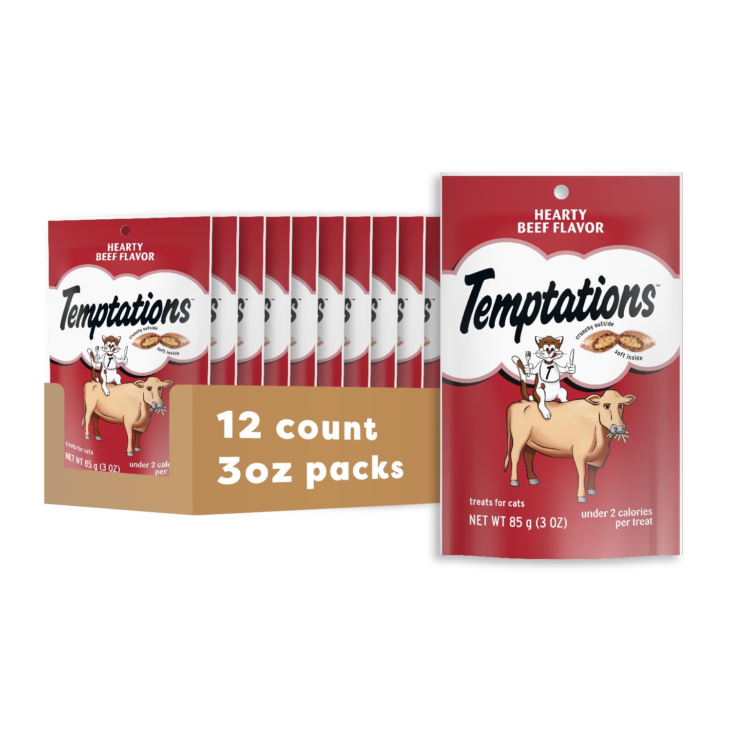 Temptations classic soft cat treats beef flavor pack 12, ideal daily snack.