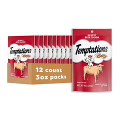 Temptations classic soft cat treats beef flavor pack 12, ideal daily snack.
