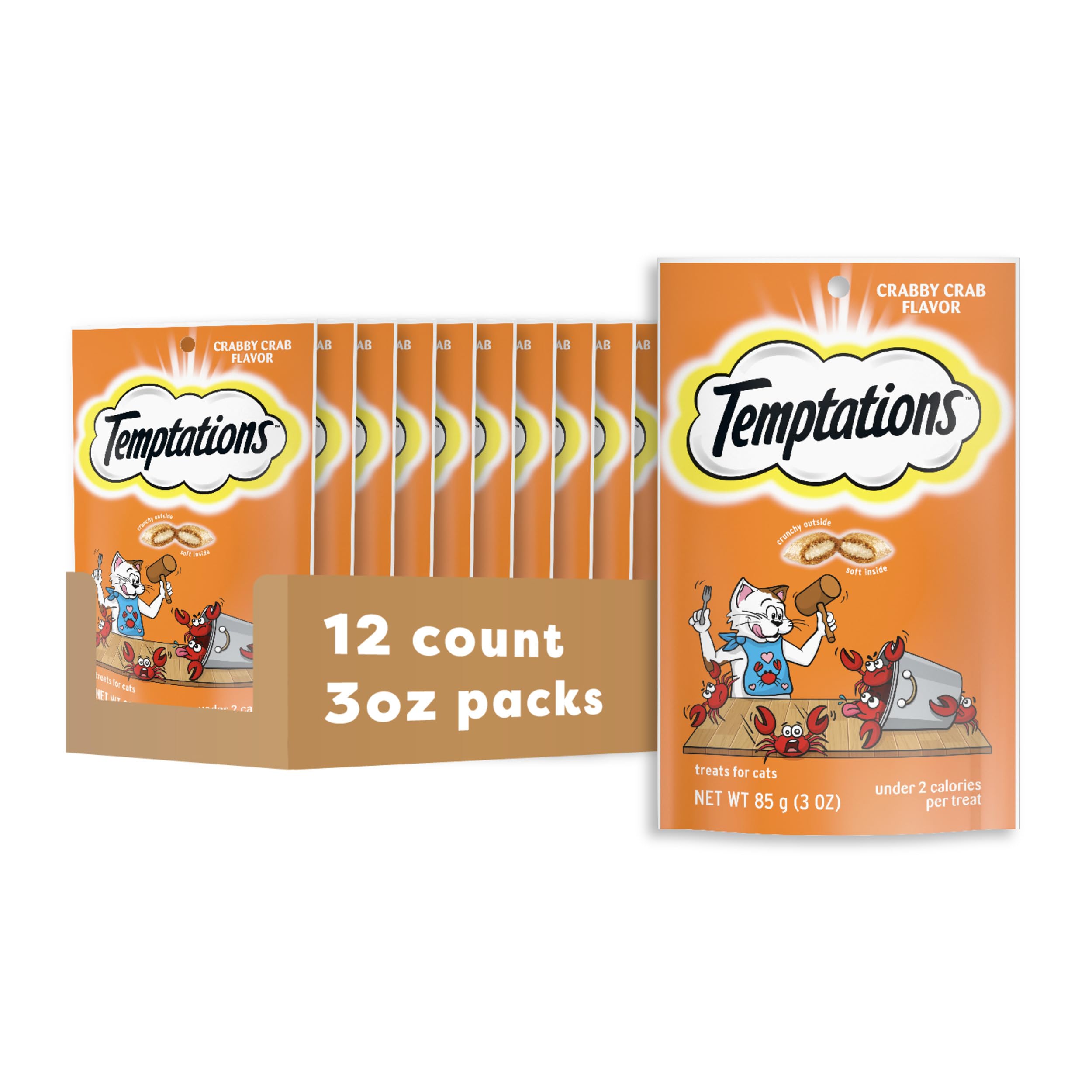 Temptations Crabby Crab 3oz pouch packaging highlights brand and flavor.