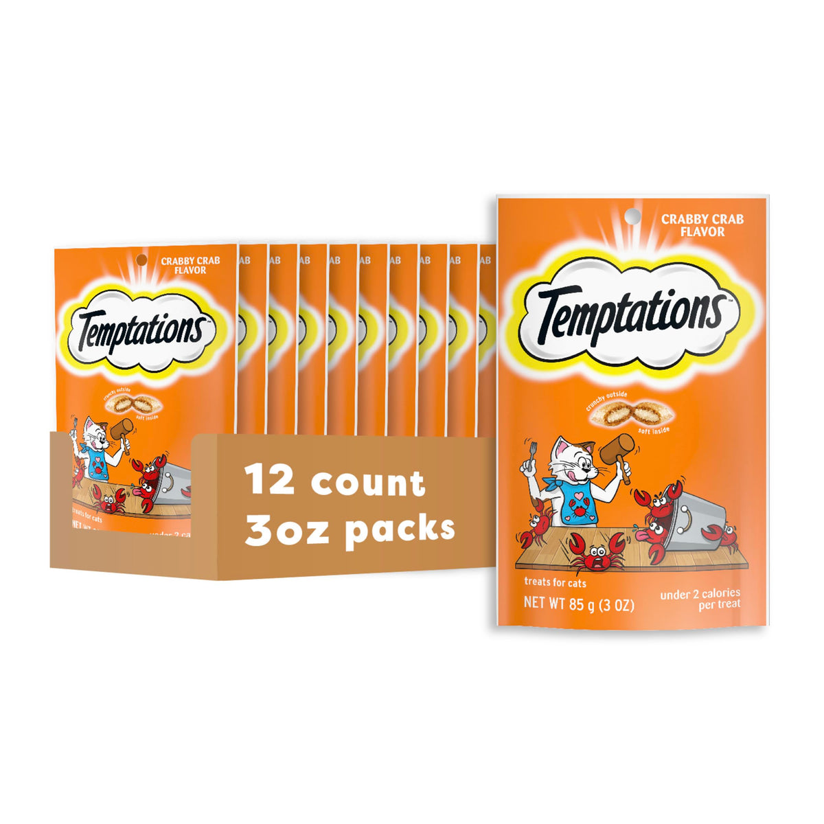 Temptations Crabby Crab 3oz pouch packaging highlights brand and flavor.