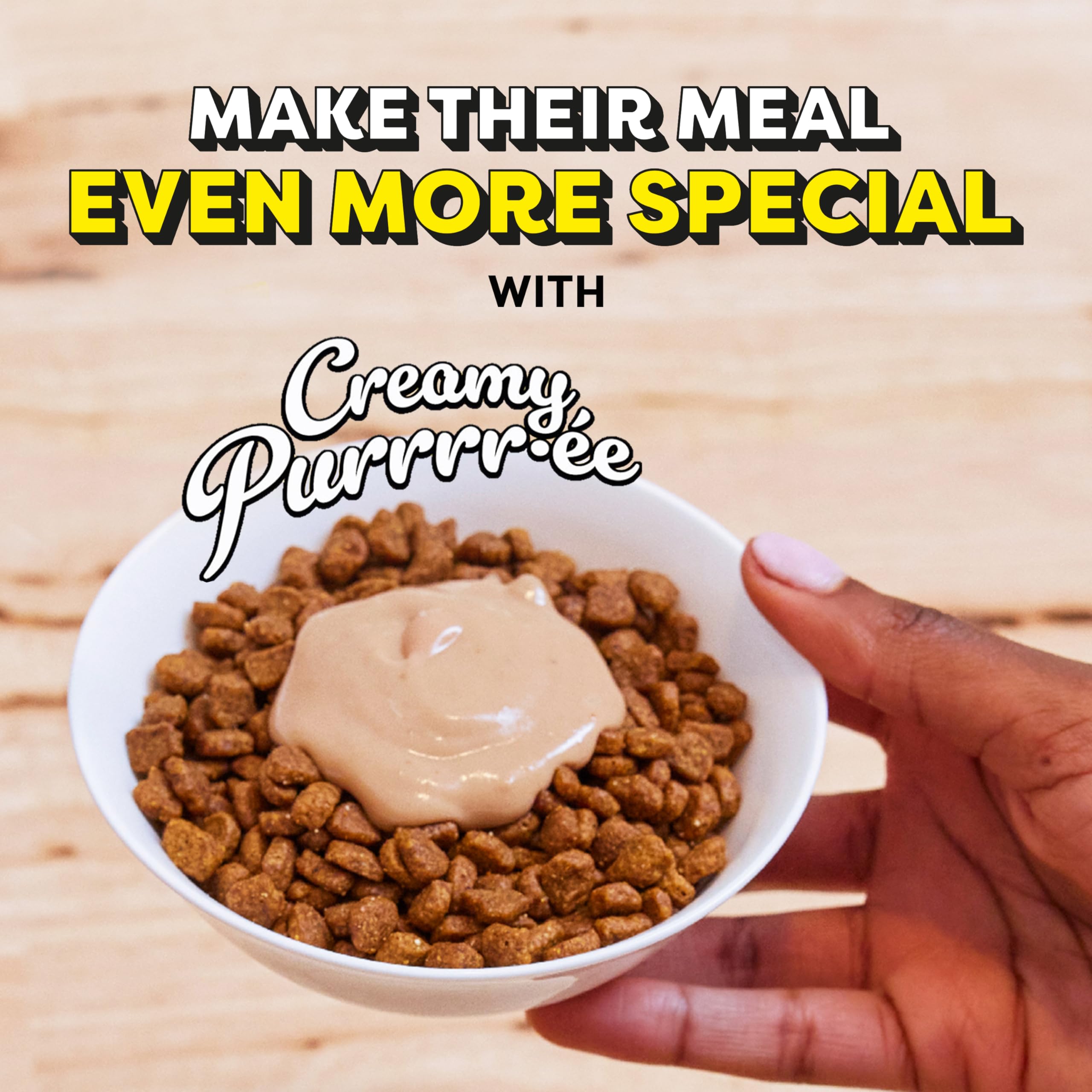 Temptations Creamy Puree label emphasizes no added sugar or artificial preservatives.