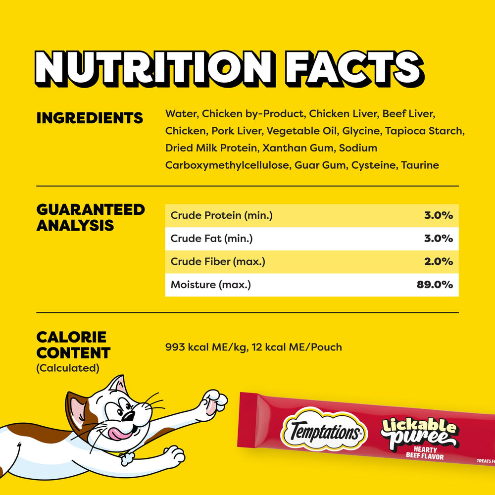 Temptations Creamy Puree packaging with single-serve tubes for convenient snacking.