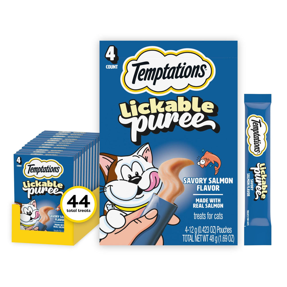 Temptations creamy puree salmon tube treat close-up showing creamy texture for cats
