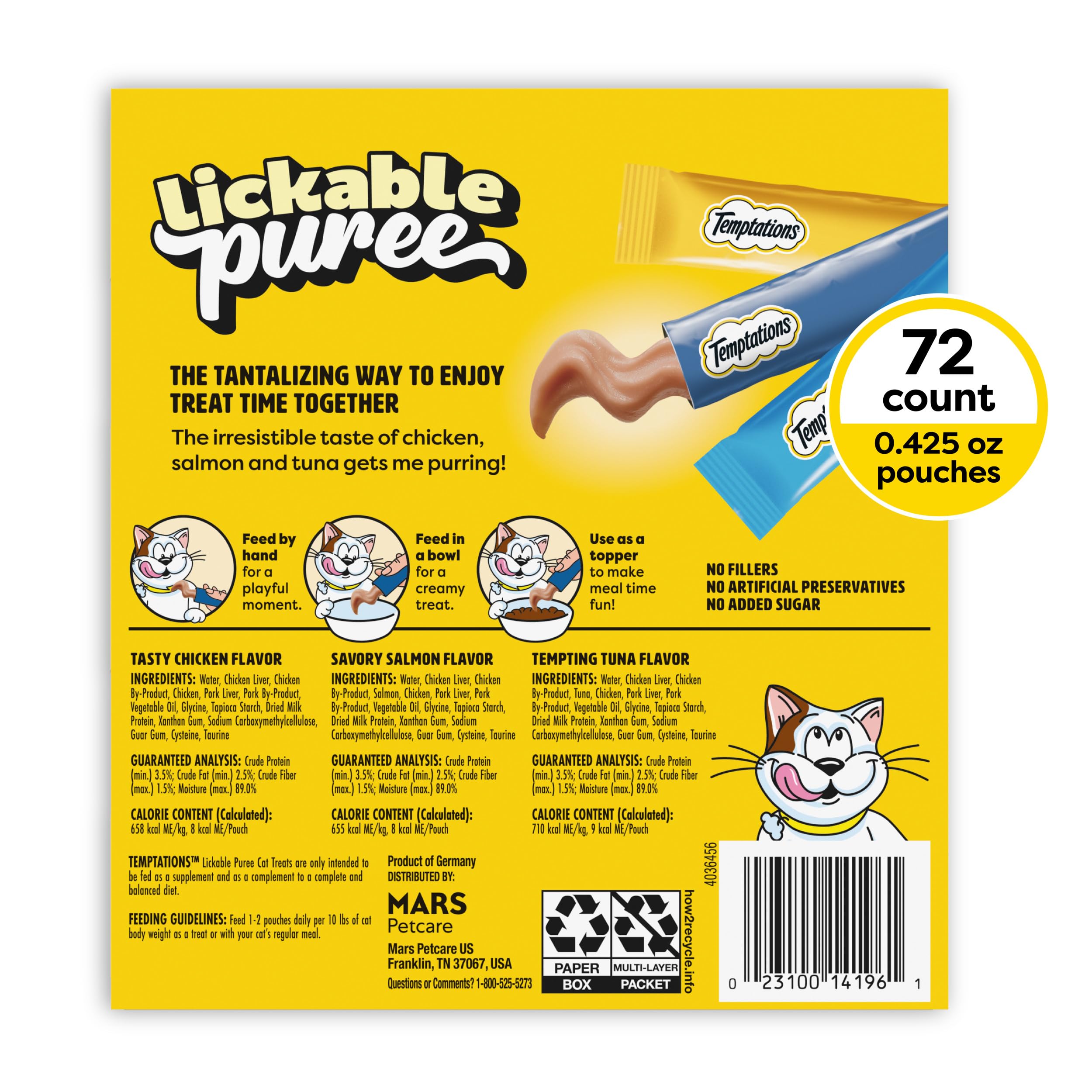 Temptations Creamy Puree chicken tube close-up highlights real chicken flavor