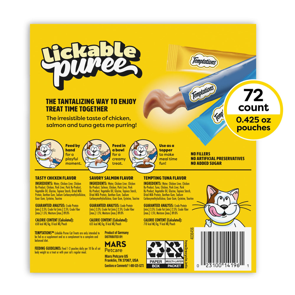 Temptations Creamy Puree chicken tube close-up highlights real chicken flavor