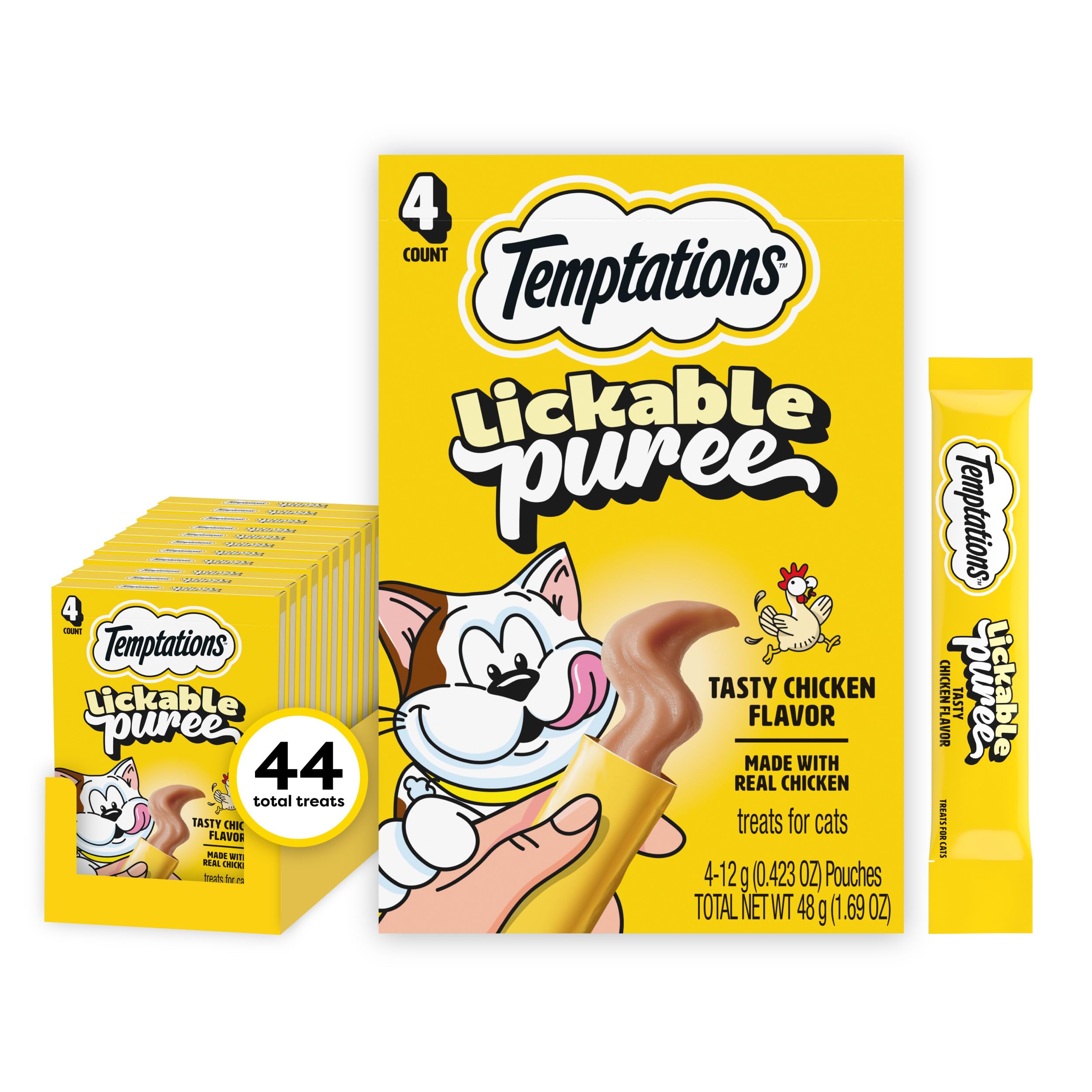 Temptations Creamy Puree squeezable tubes deliver chicken flavor for interactive feeding.