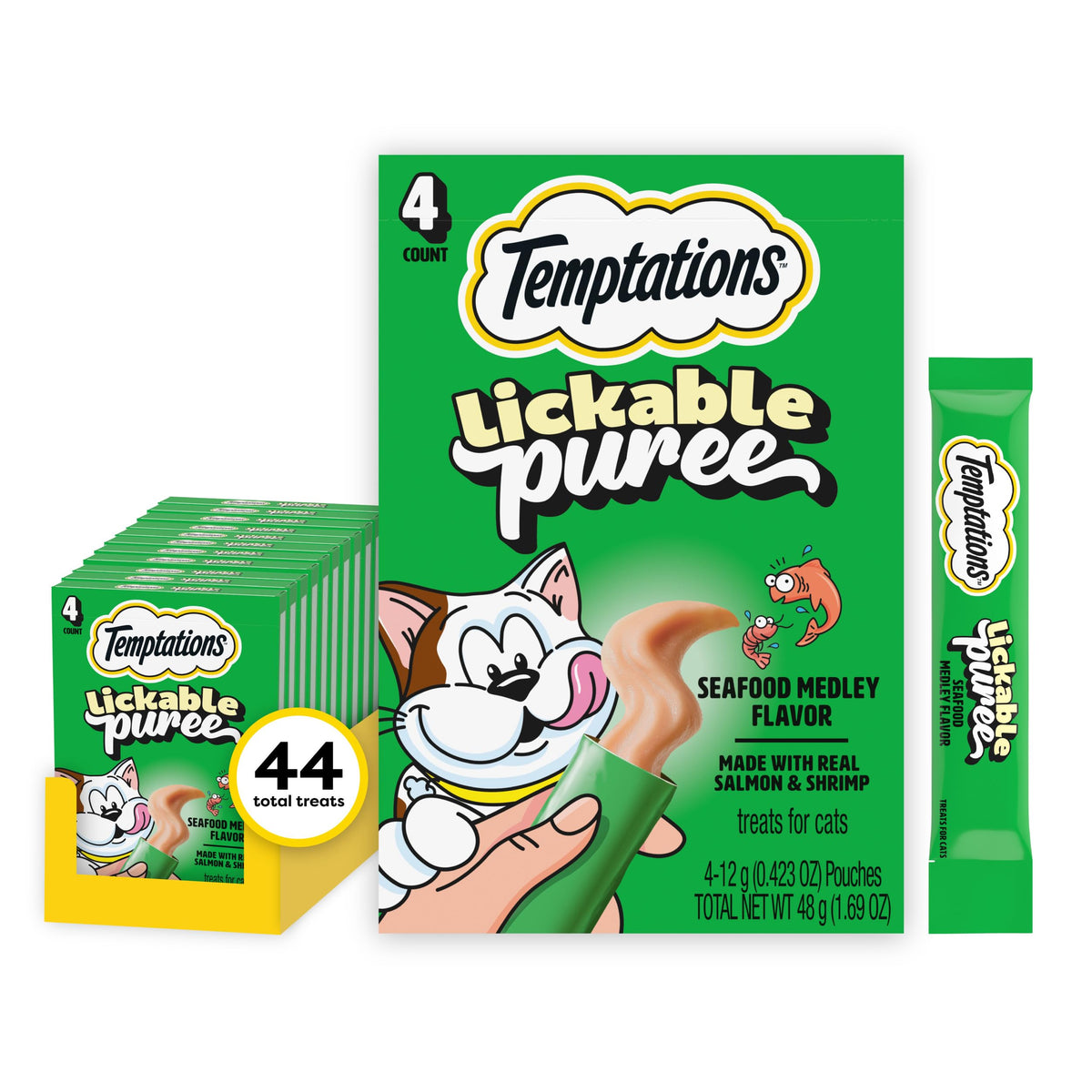 Temptations Creamy Puree squeeze tube closeup highlighting creamy texture for hand feeding