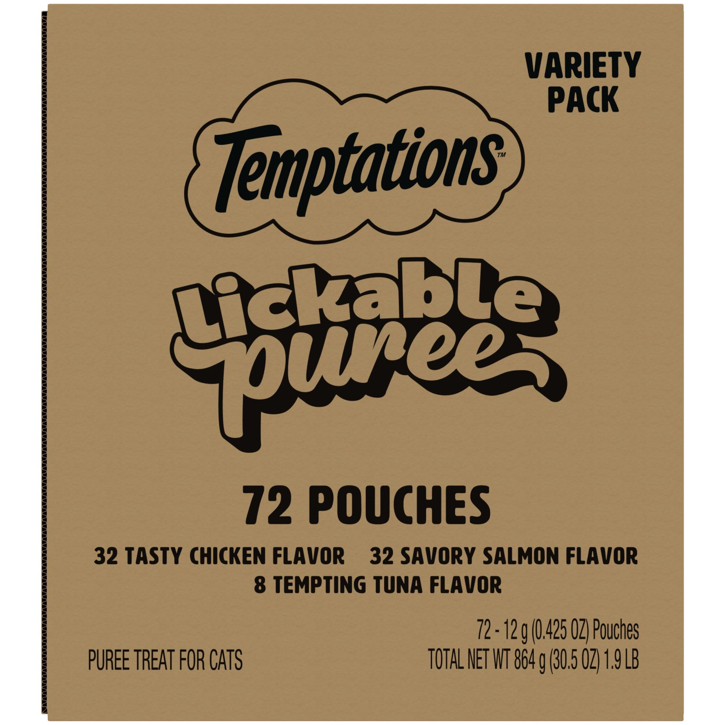 Temptations Creamy Puree squeezable wet cat treat tubes for easy interactive feeding and bonding.