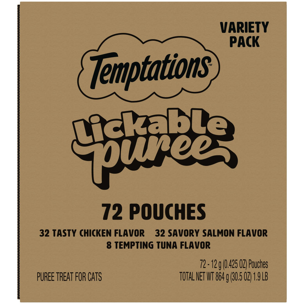 Temptations Creamy Puree squeezable wet cat treat tubes for easy interactive feeding and bonding.