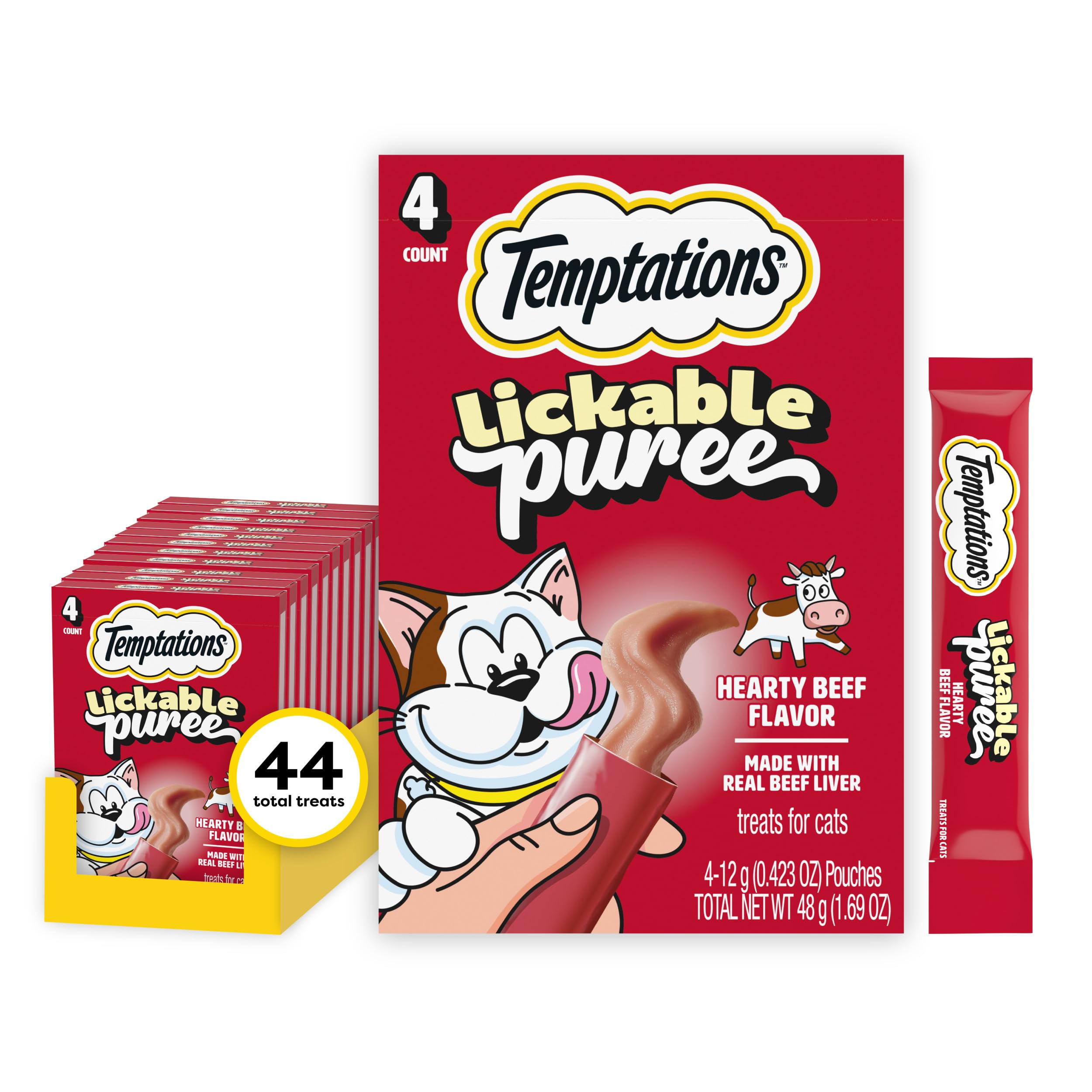 Temptations Creamy Puree tube open for quick, savory cat treat.