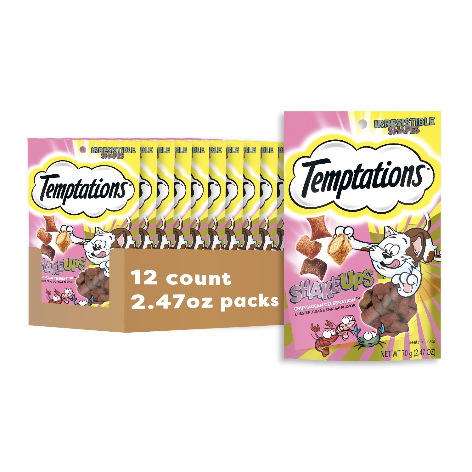 Temptations crunchy-soft treats with crustacean flavors entice cats with dual texture.