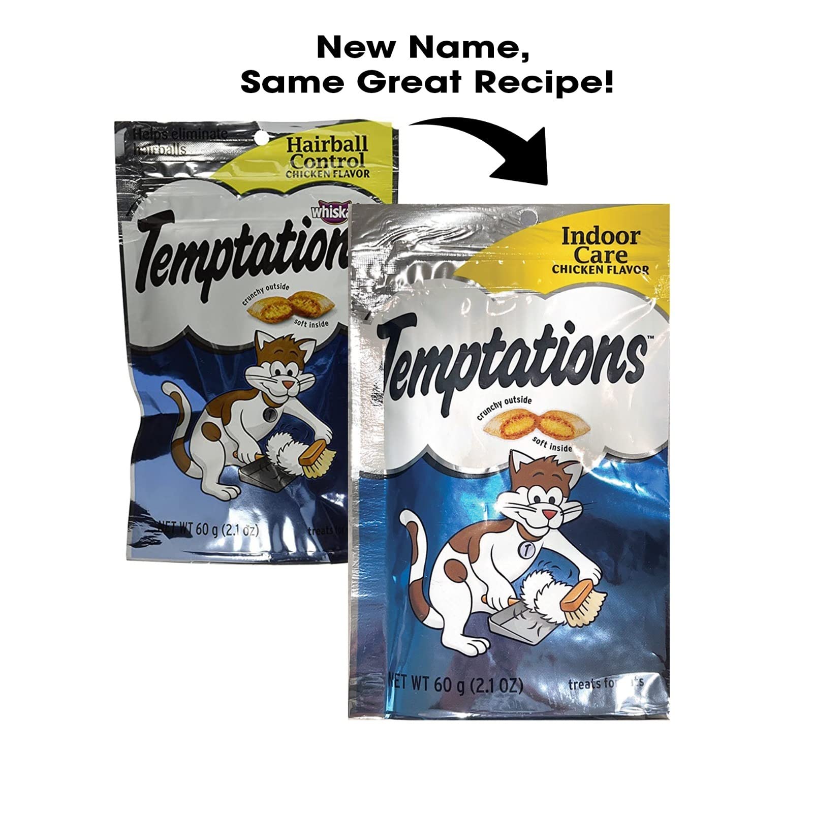 Temptations Indoor Care chicken crunchy treats, a flavorful age-inclusive snack for cats.