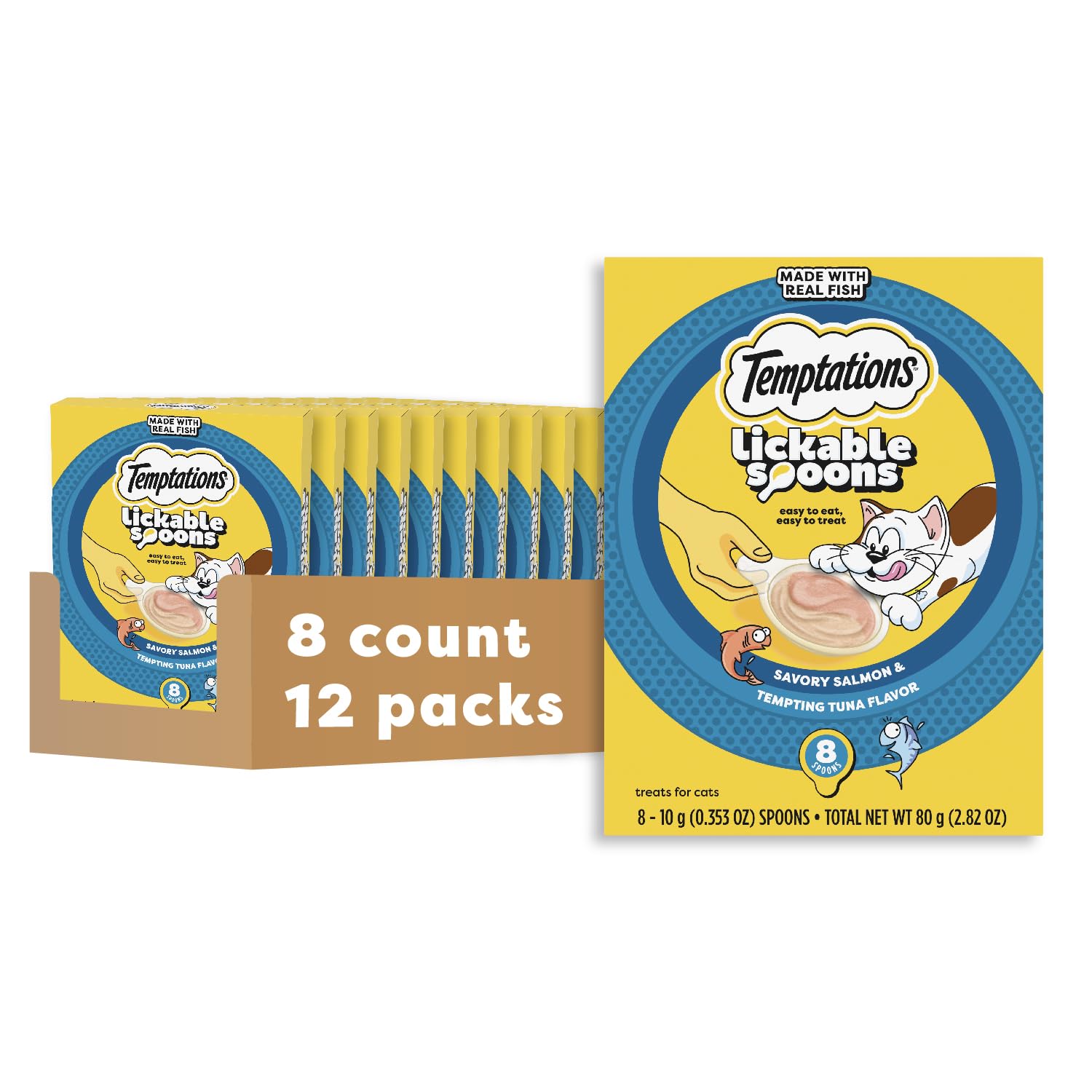 Temptations Lickable Spoons pack display with 12 packs of 8 spoons each