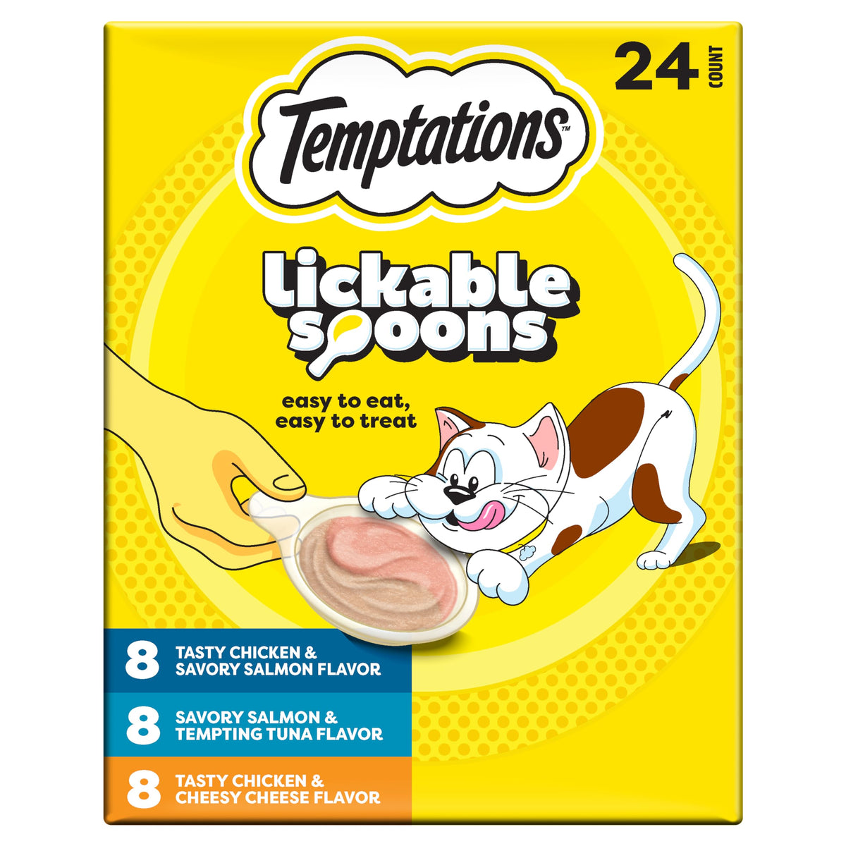 Temptations Lickable Spoons two flavors close-up showing creamy cat treat texture.
