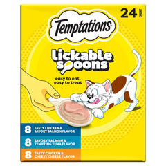 Temptations Lickable Spoons two flavors close-up showing creamy cat treat texture.