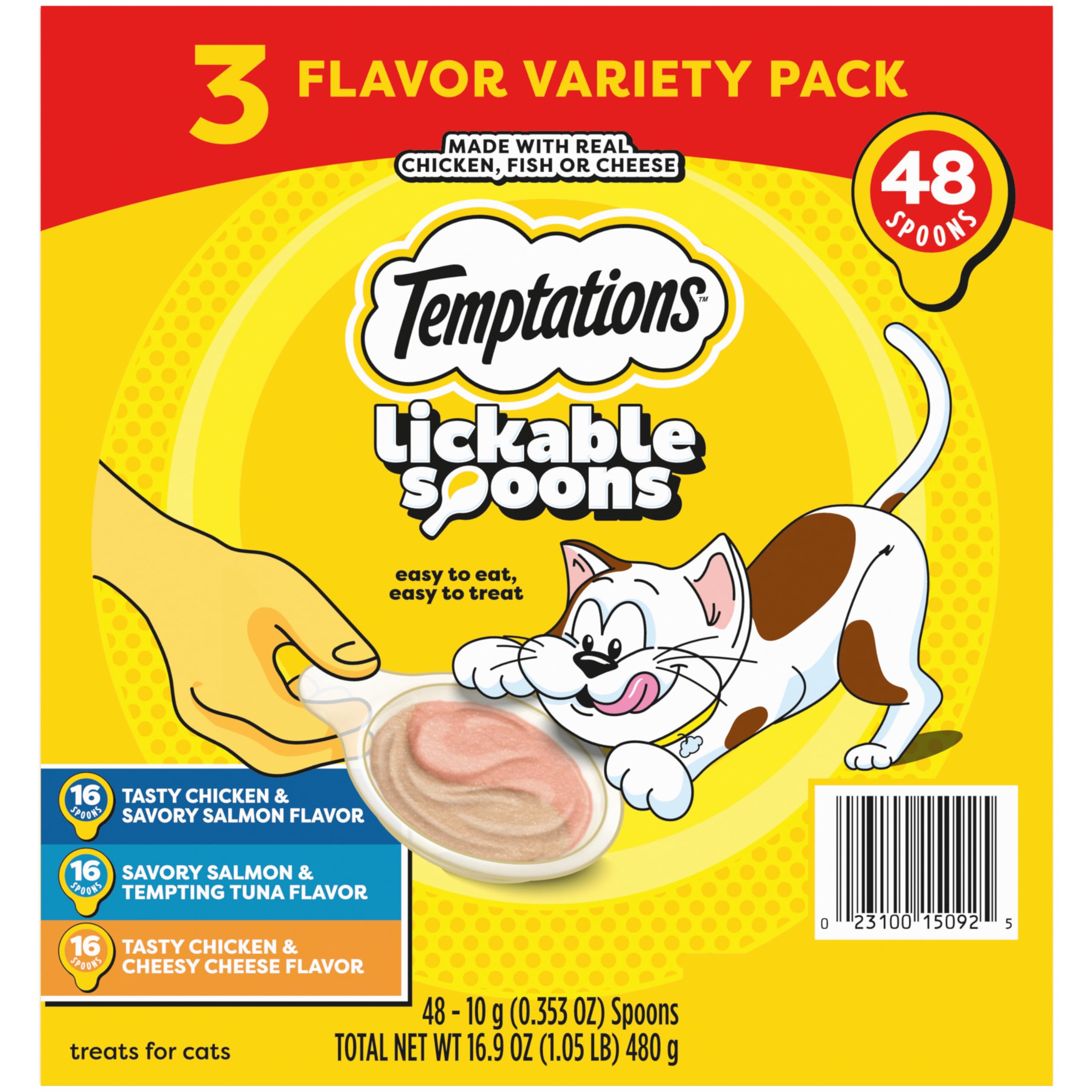 Temptations Lickable Spoons show two flavors in one spoon for cats.