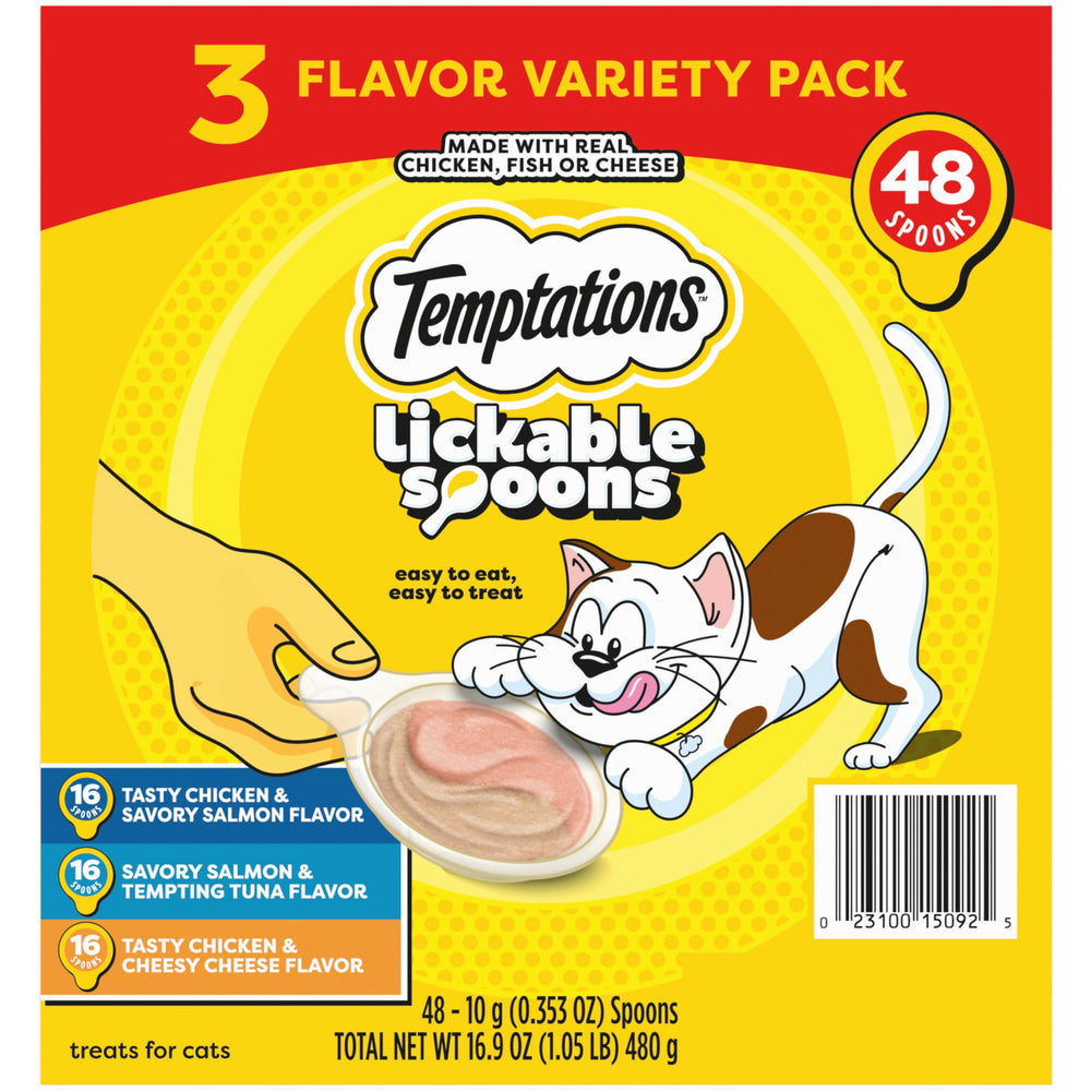Temptations Lickable Spoons show two flavors in one spoon for cats.