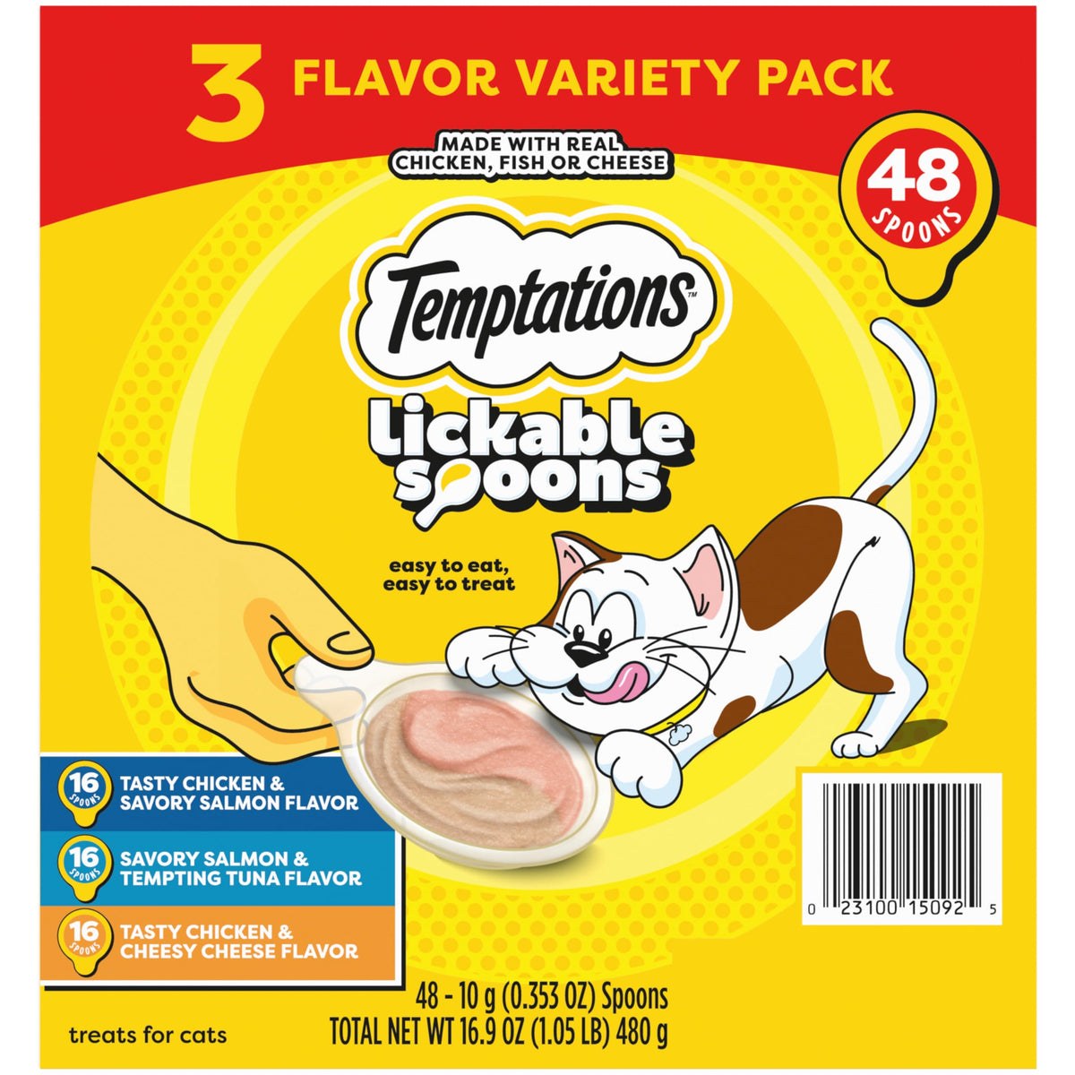 Temptations Lickable Spoons show two flavors in one spoon for cats.