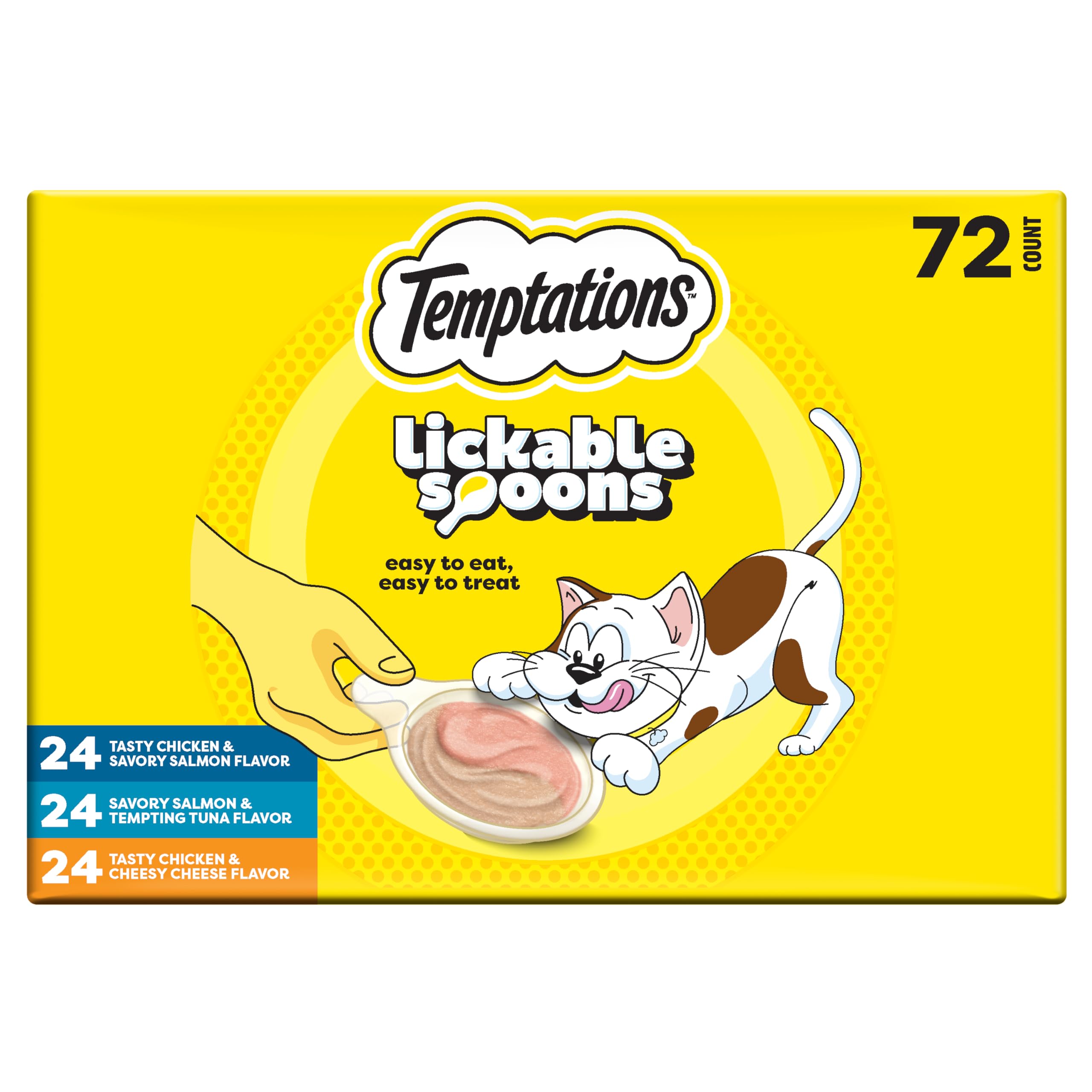 Temptations Lickable Spoons variety pack image showing 72 spoons for easy feeding and variety