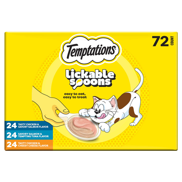 Temptations Lickable Spoons variety pack image showing 72 spoons for easy feeding and variety
