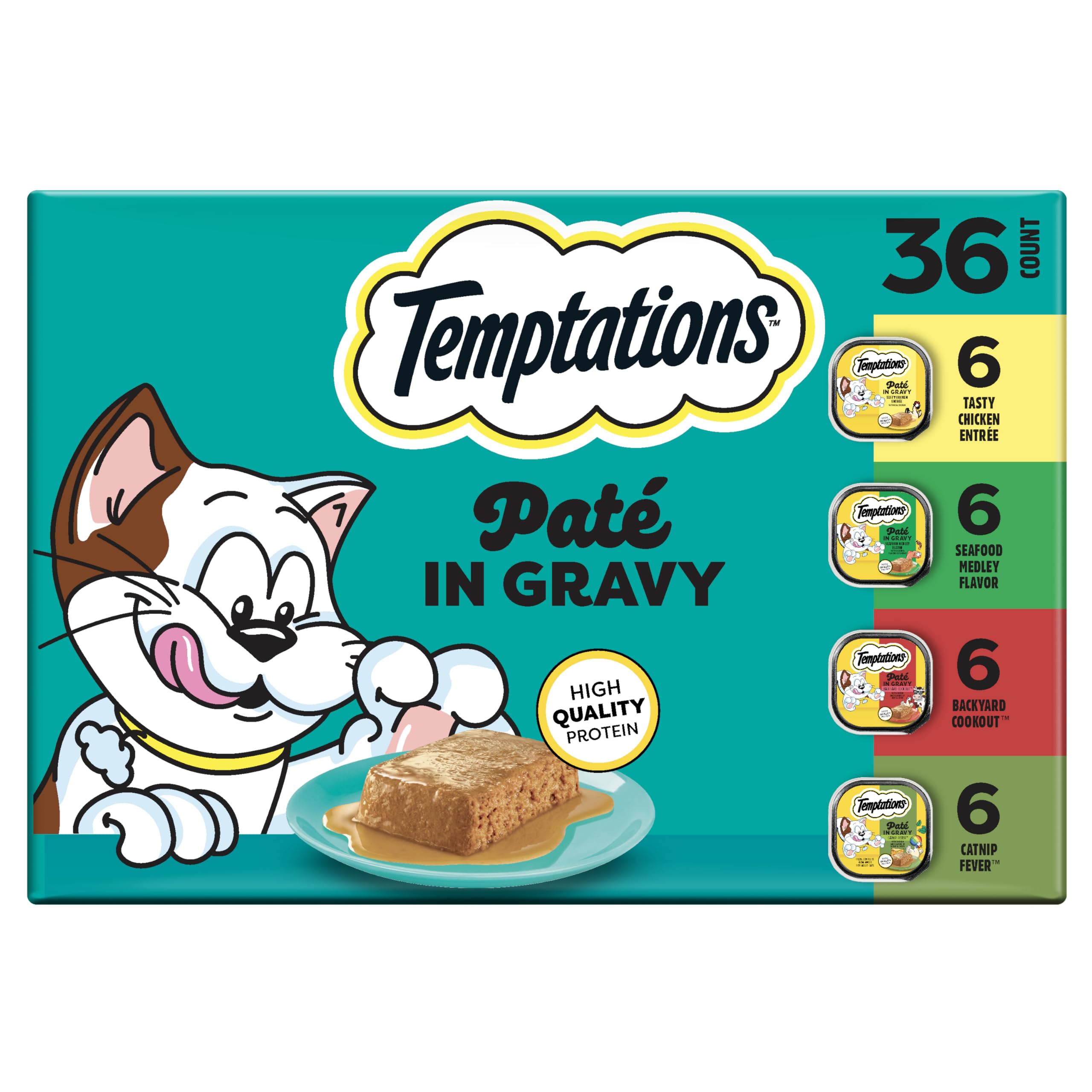 Temptations Pate in Gravy chicken entree tray, convenient meal for cats.