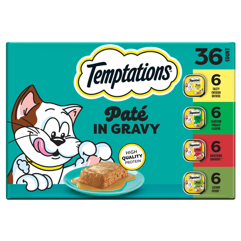 Temptations Pate in Gravy chicken entree tray, convenient meal for cats.