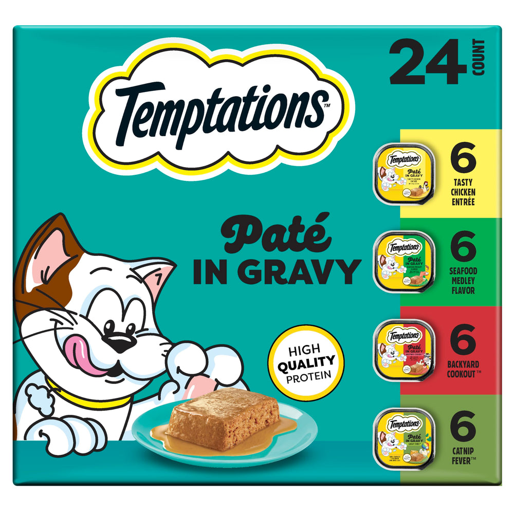 Temptations Pate in Gravy chicken entree tray, moisture-rich meal for active cats