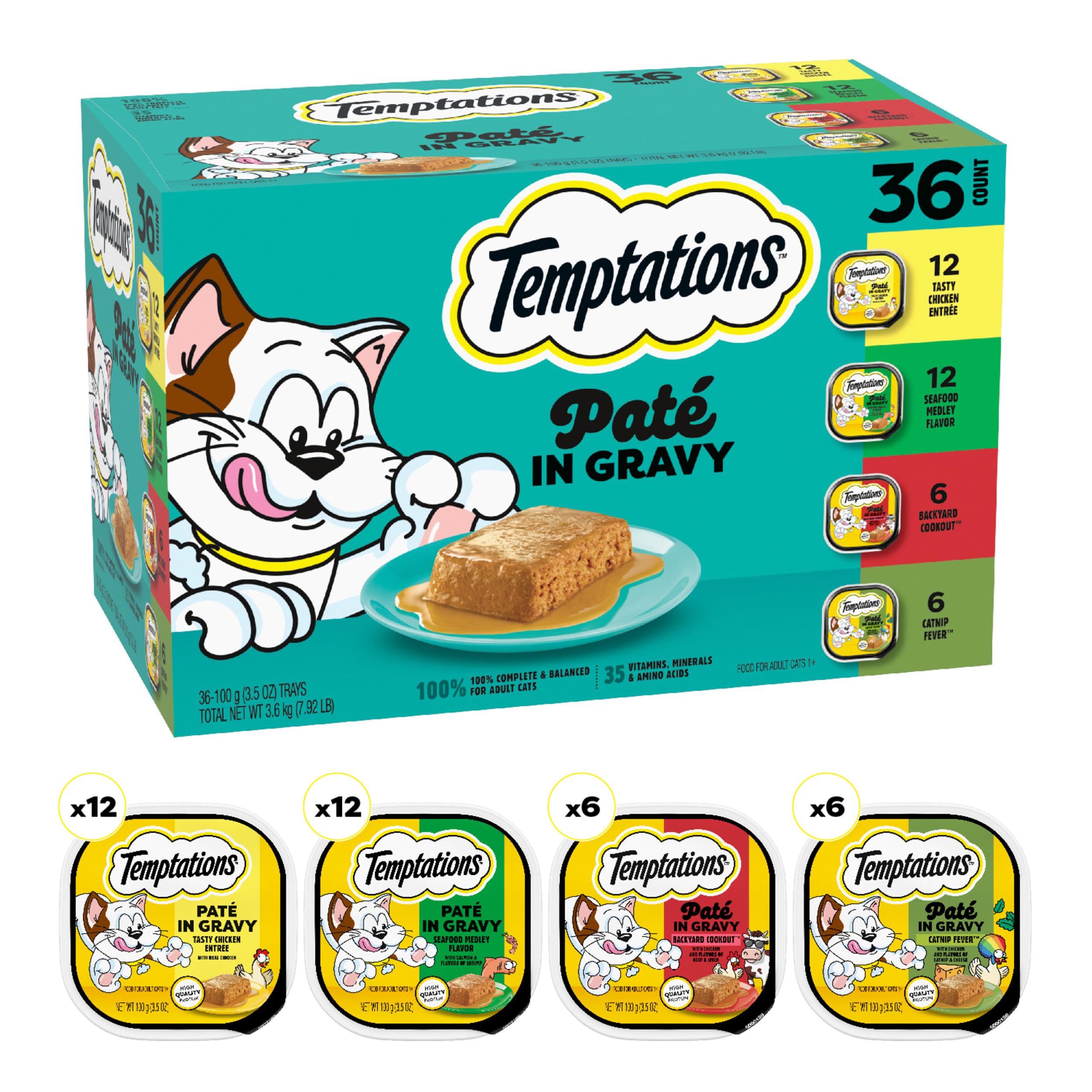 Temptations Pate in Gravy seafood medley tray, flavorful variety for cat meals.